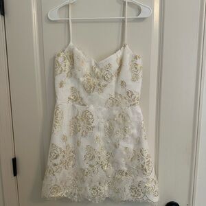 Girls White and Gold Floral Lace Dress